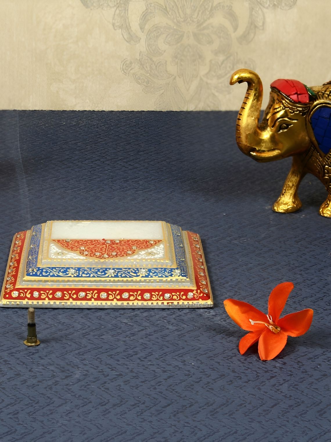 HANDICRAFTS PARADISE White Enamelled & Kundan Studded Marble Pooja Chowki-picture-18