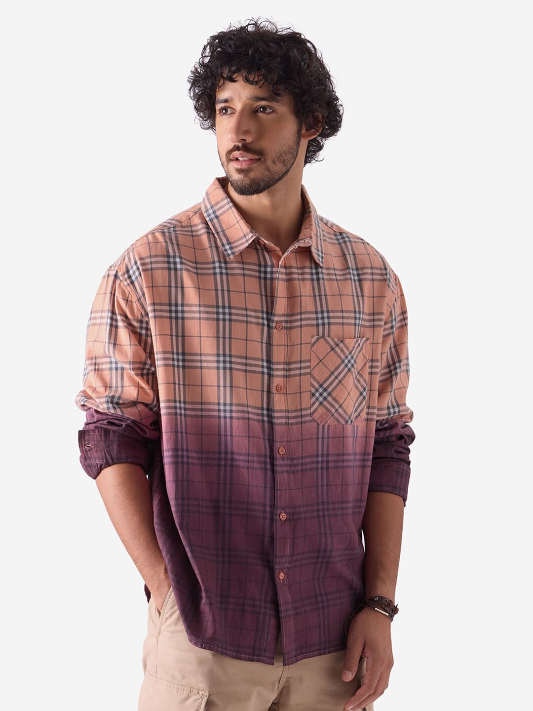 The Souled Store Peach Colour & Purple Tartan Checked Pure Cotton Oversized Casual Shirt