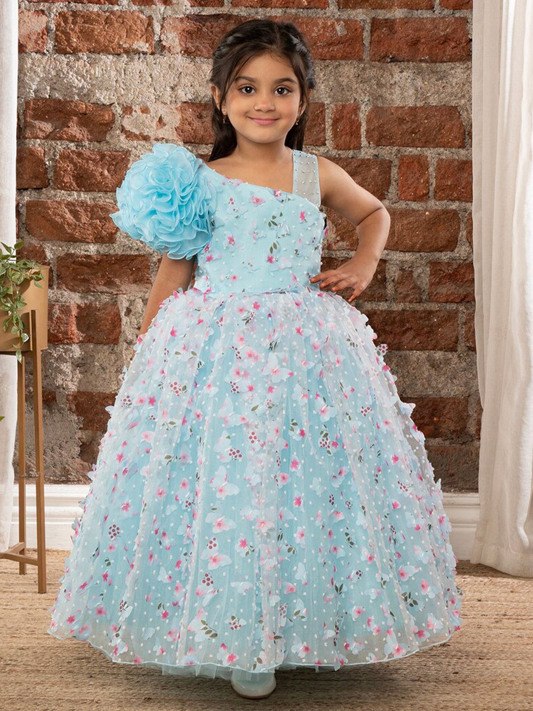 Ministitch Girls Floral Self Designed Corsage Detailed Net Maxi Dress-picture-9