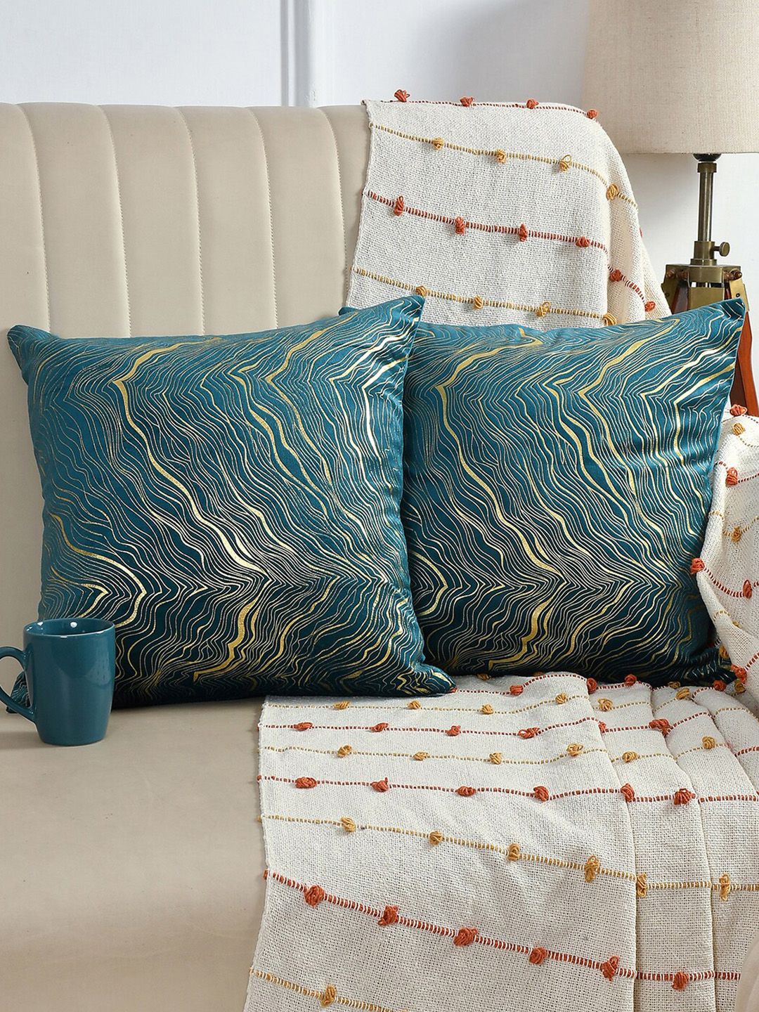 AEROHAVEN Green & Gold Toned 2 Pcs Abstract Velvet Square Cushion Covers-picture-43