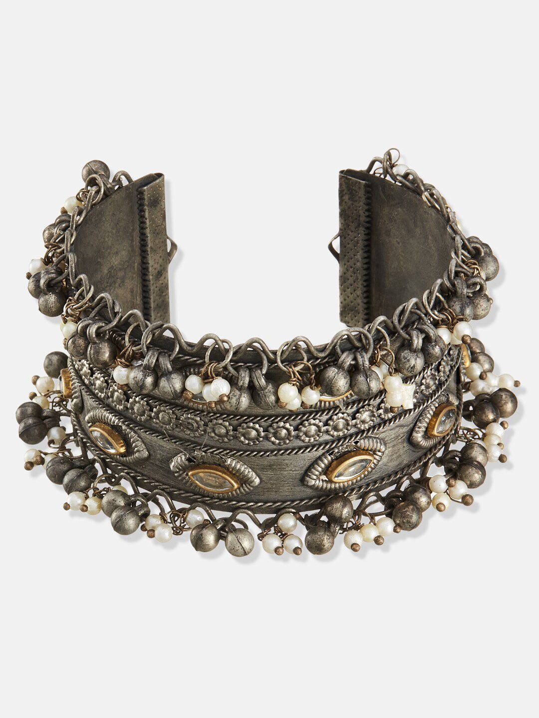 ATIBELLE German Silver Silver-Plated Kundan Bangle-Style Bracelet