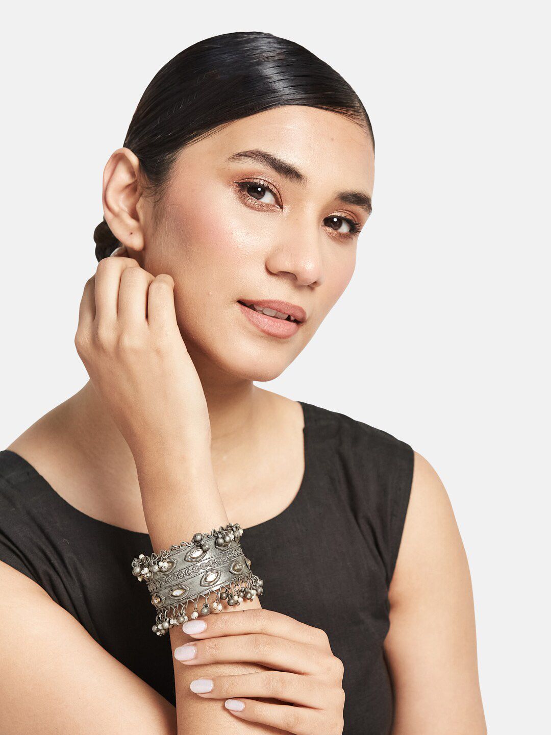 ATIBELLE German Silver Silver-Plated Kundan Bangle-Style Bracelet