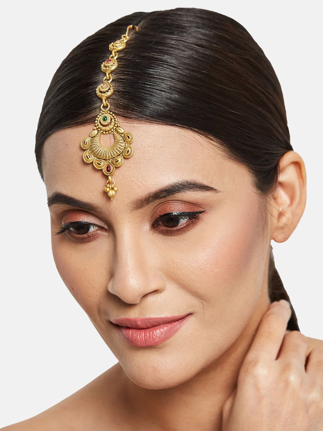 ATIBELLE Set of 2 Gold-Plated Stone Studded Floral Shaped Maangtikkas