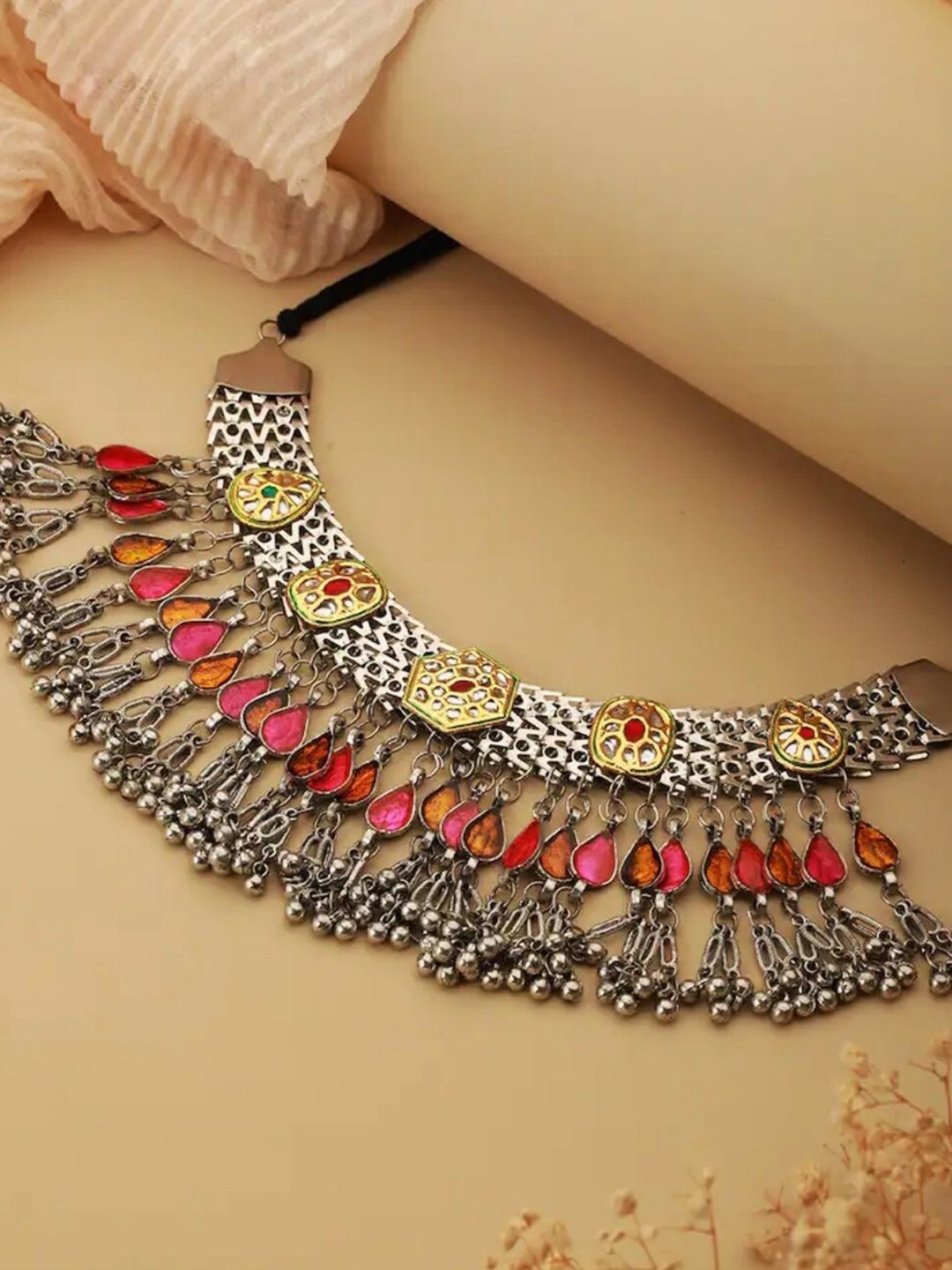 ATIBELLE Silver-Plated German Silver Kundan Stone Studded Necklace