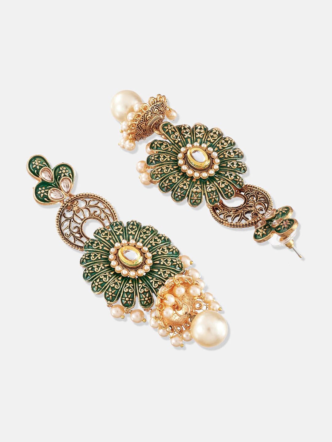 ATIBELLE Gold-Plated Stone-Studded Beaded Contemporary Drop Earrings
