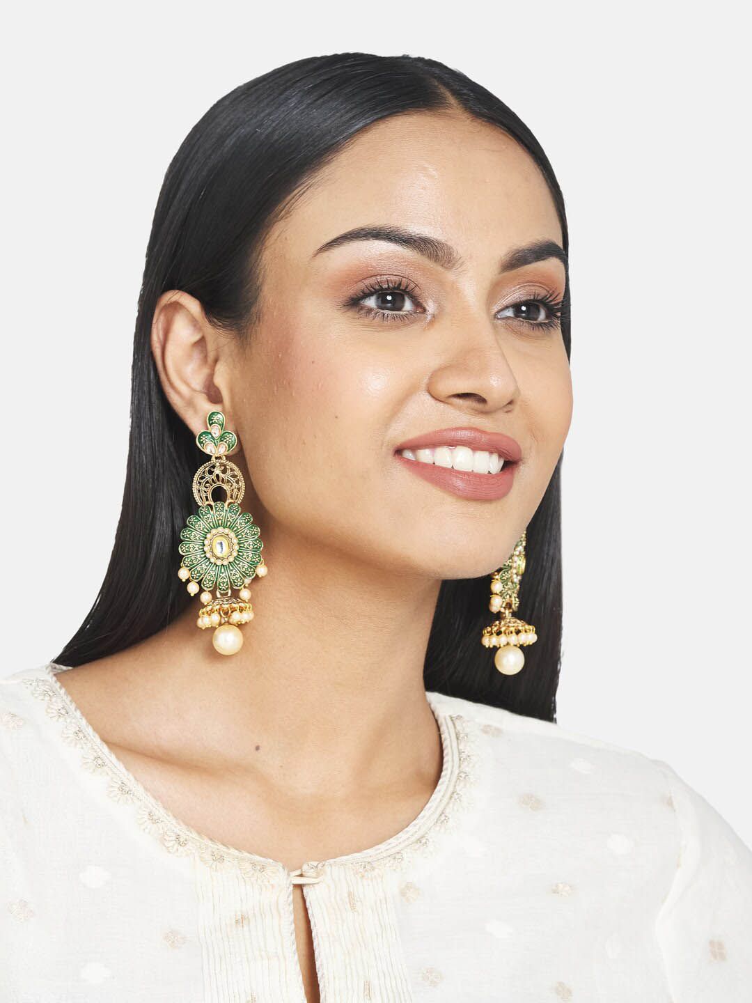 ATIBELLE Gold-Plated Stone-Studded Beaded Contemporary Drop Earrings