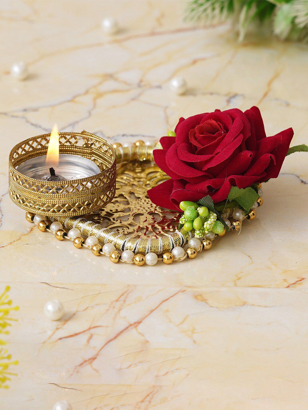 eCraftIndia Gold Toned & White Textured Metal Candle Holder-picture-14