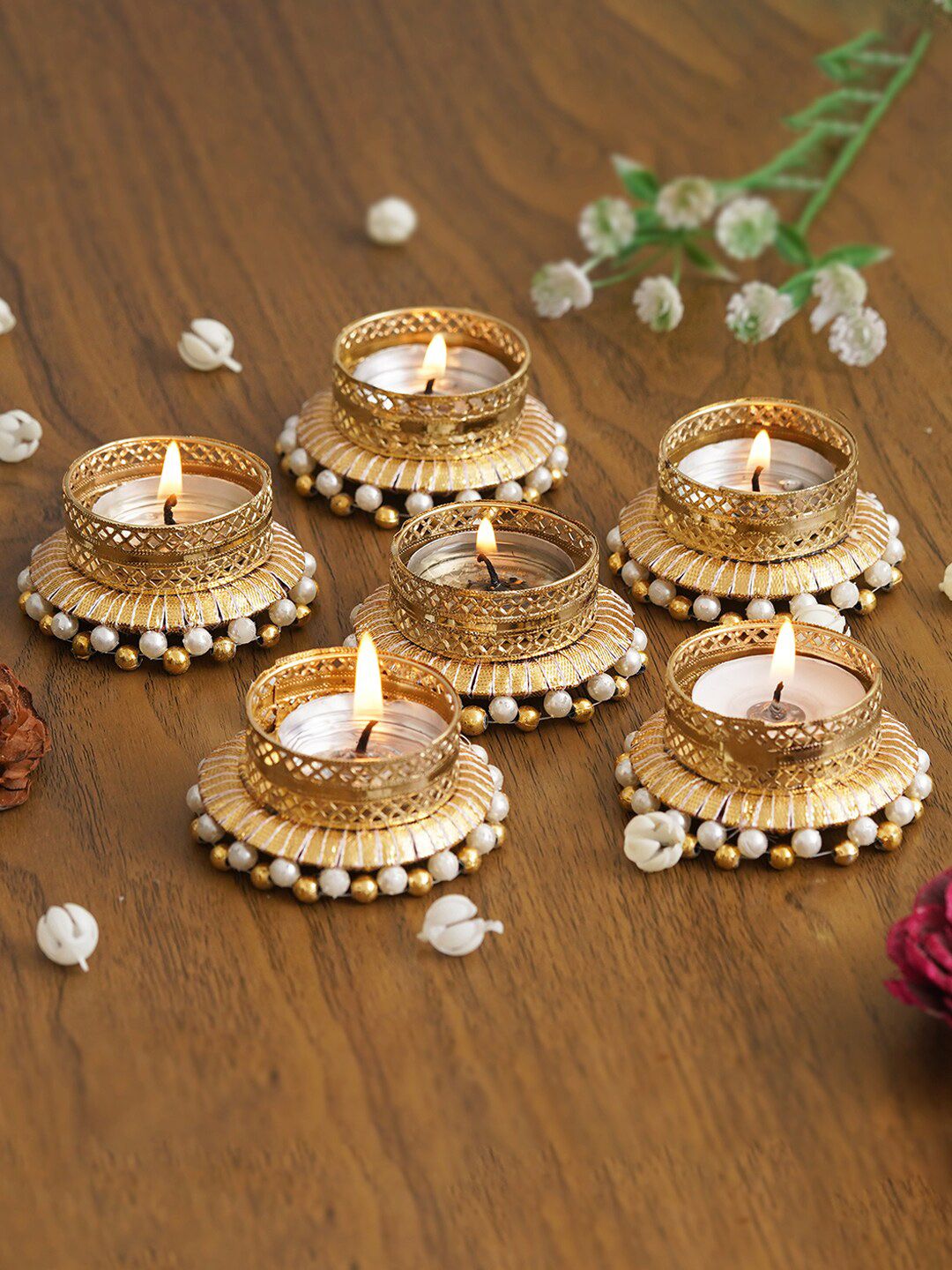 eCraftIndia Gold Toned & White 6 Pieces Textured Round Shaped Metal Candle Holders-picture-16