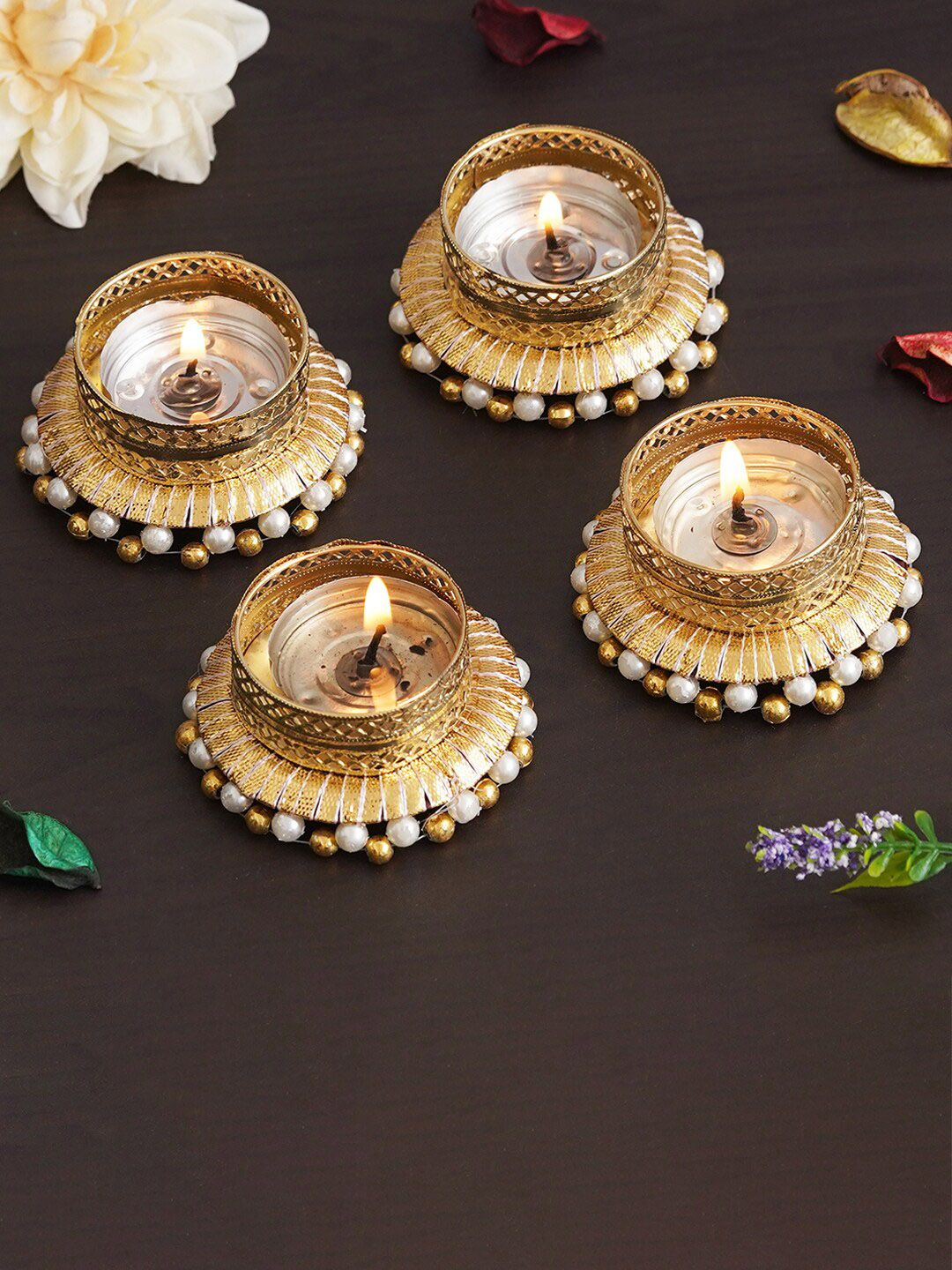eCraftIndia Gold Toned & White 4 Pieces Round Shaped Candle Holders-picture-15