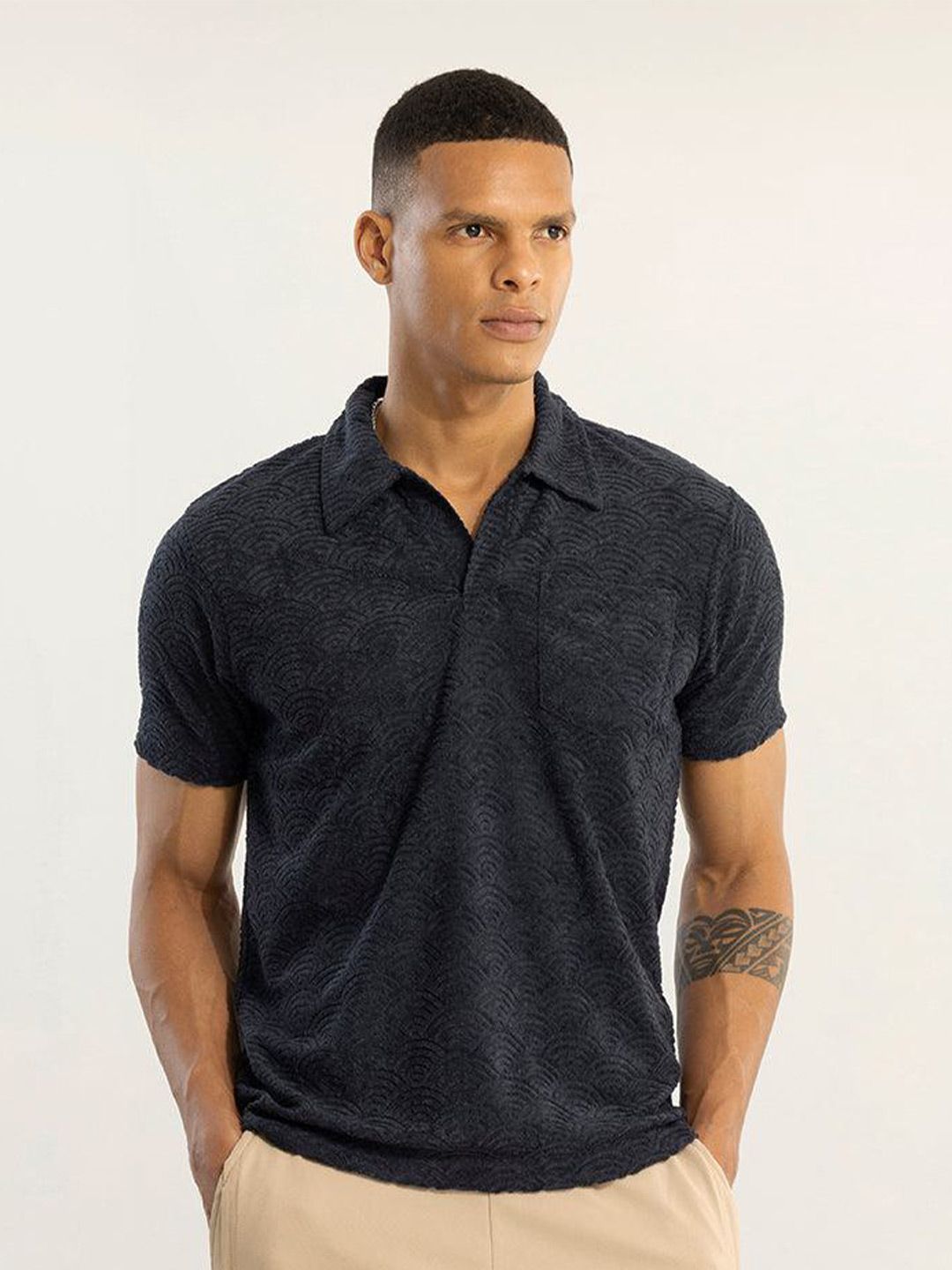 Snitch Navy Blue Self Design Polo Collar Slim Fit T-shirt