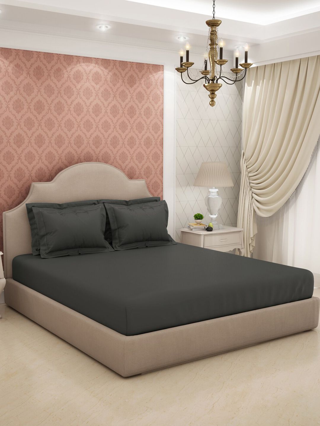 SPACES Eminence Grey Cotton 600 TC King Bedsheet with 4 Pillow Covers-image-14