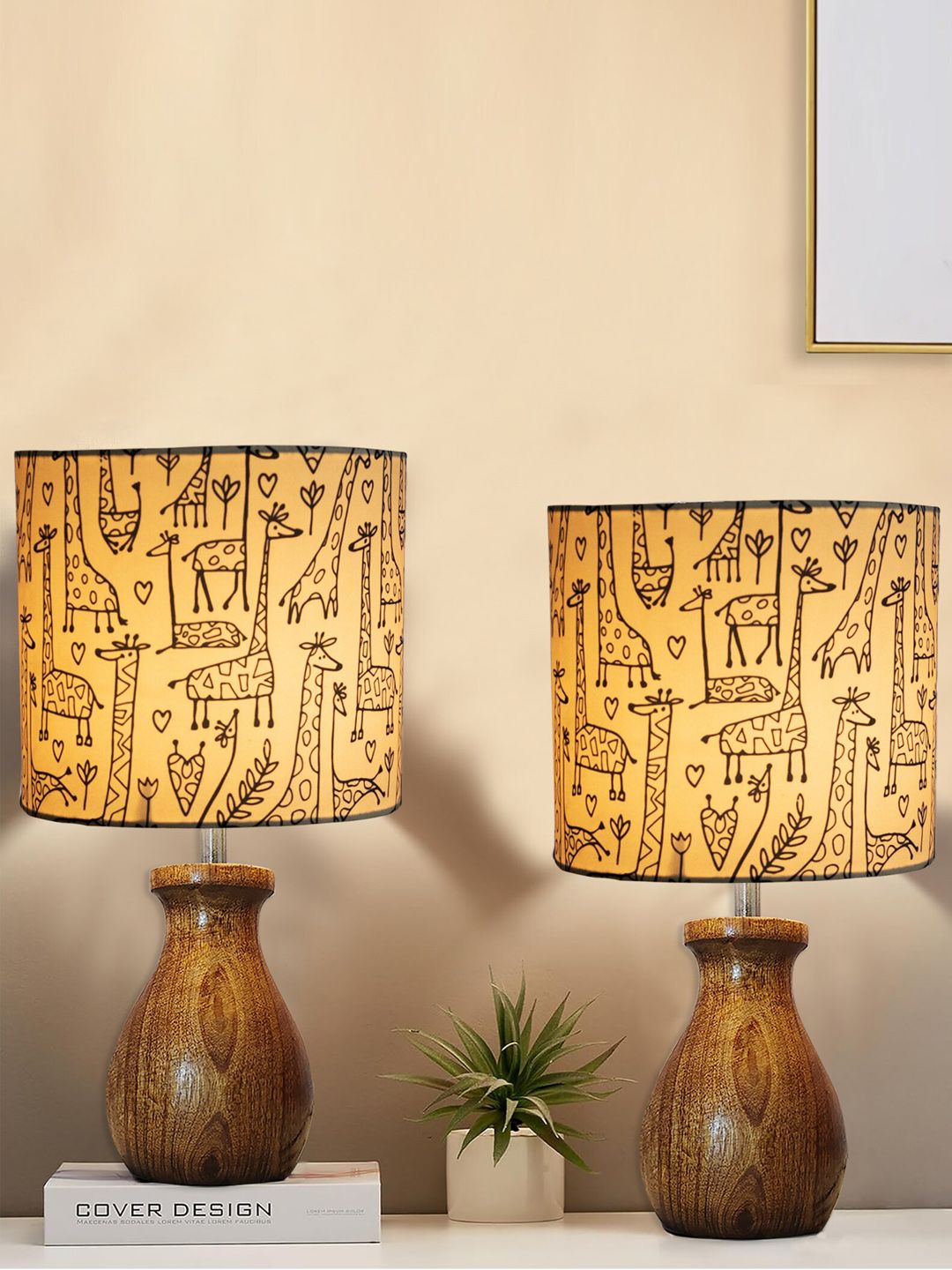 Homesake Brown & Black Printed Cylinder Wooden Table Lamp-picture-39