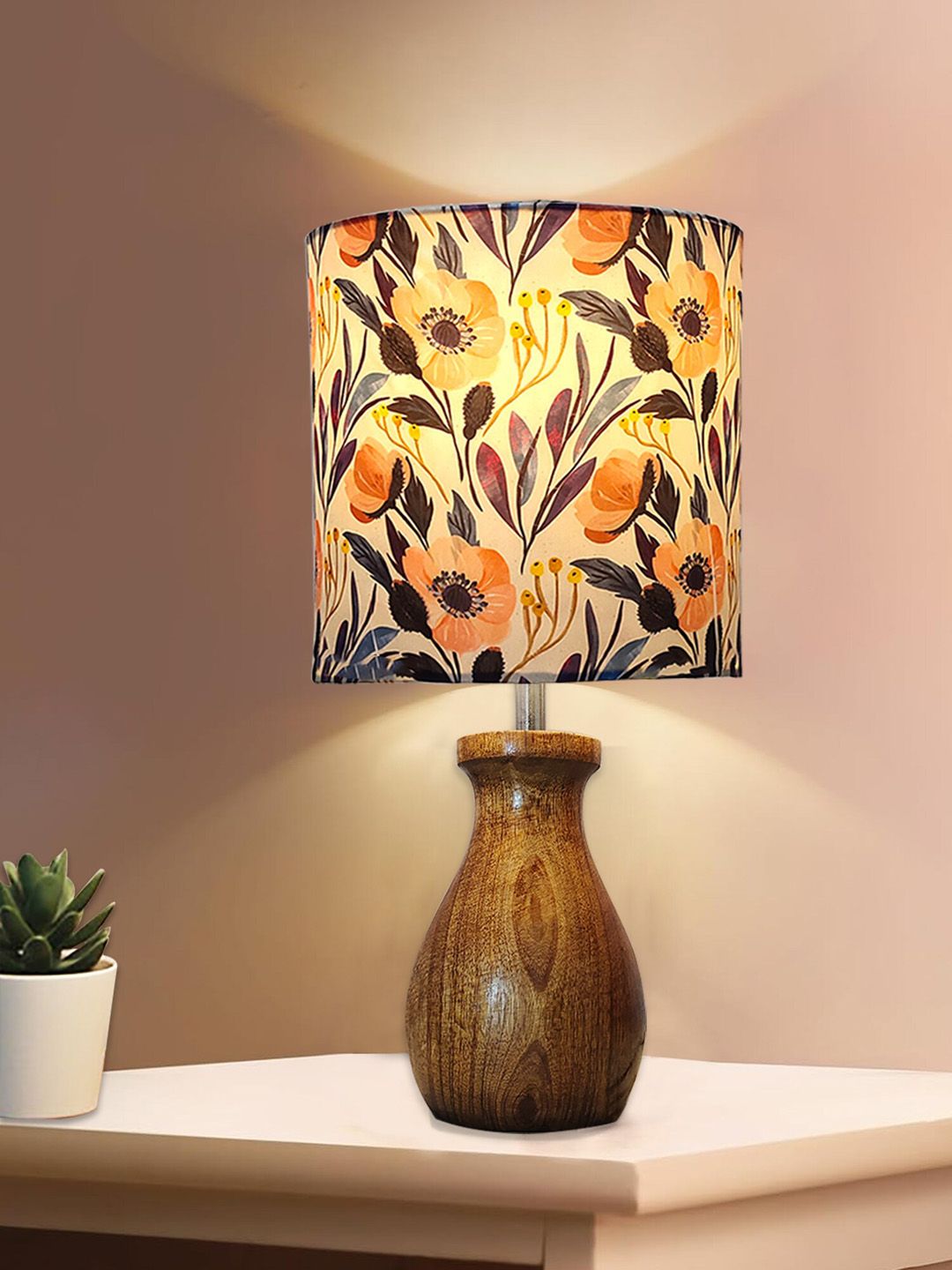 Homesake Brown & Orange Printed Cylinder Wooden Table Lamp-picture-29
