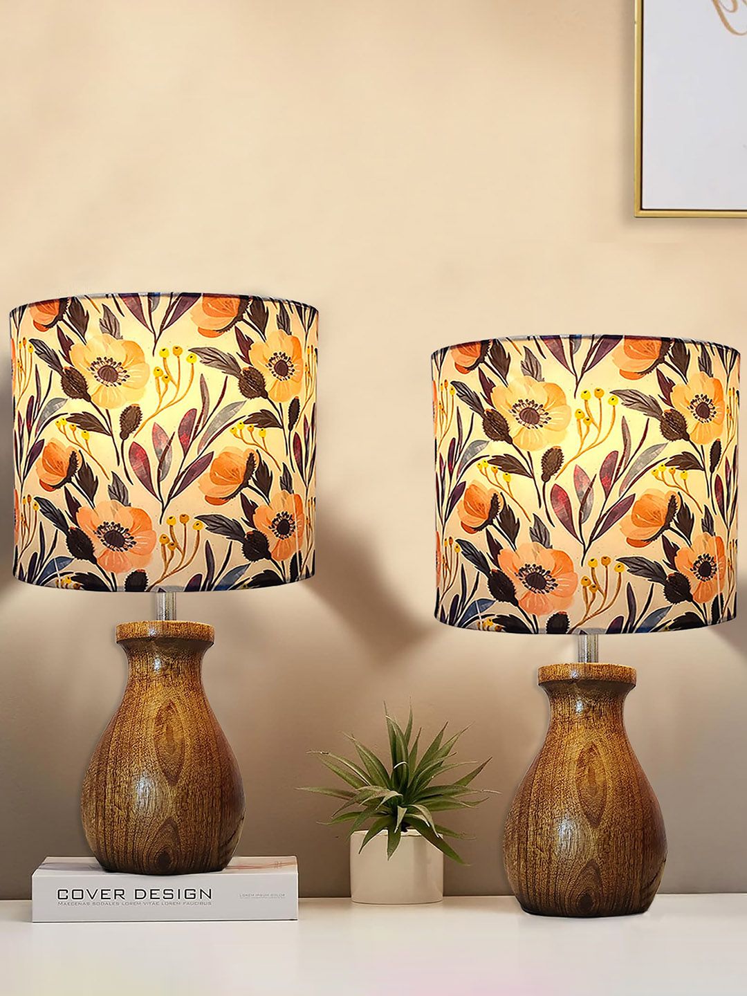 Homesake Brown & Orange 2 Pieces Printed Cylinder Wooden Table Lamps-picture-40