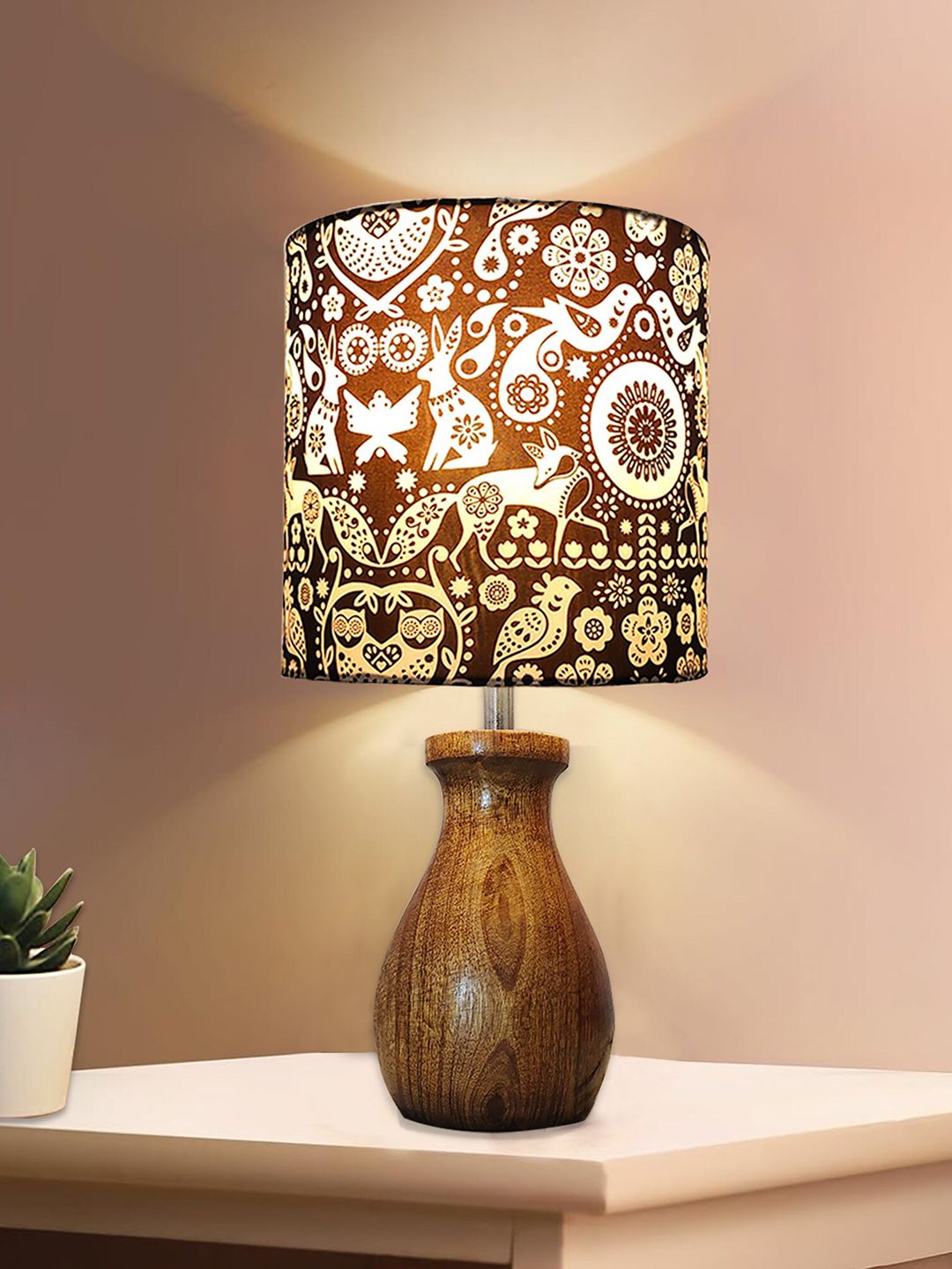 Homesake Brown & White Printed Cylinder Wooden Table Lamp-image-23