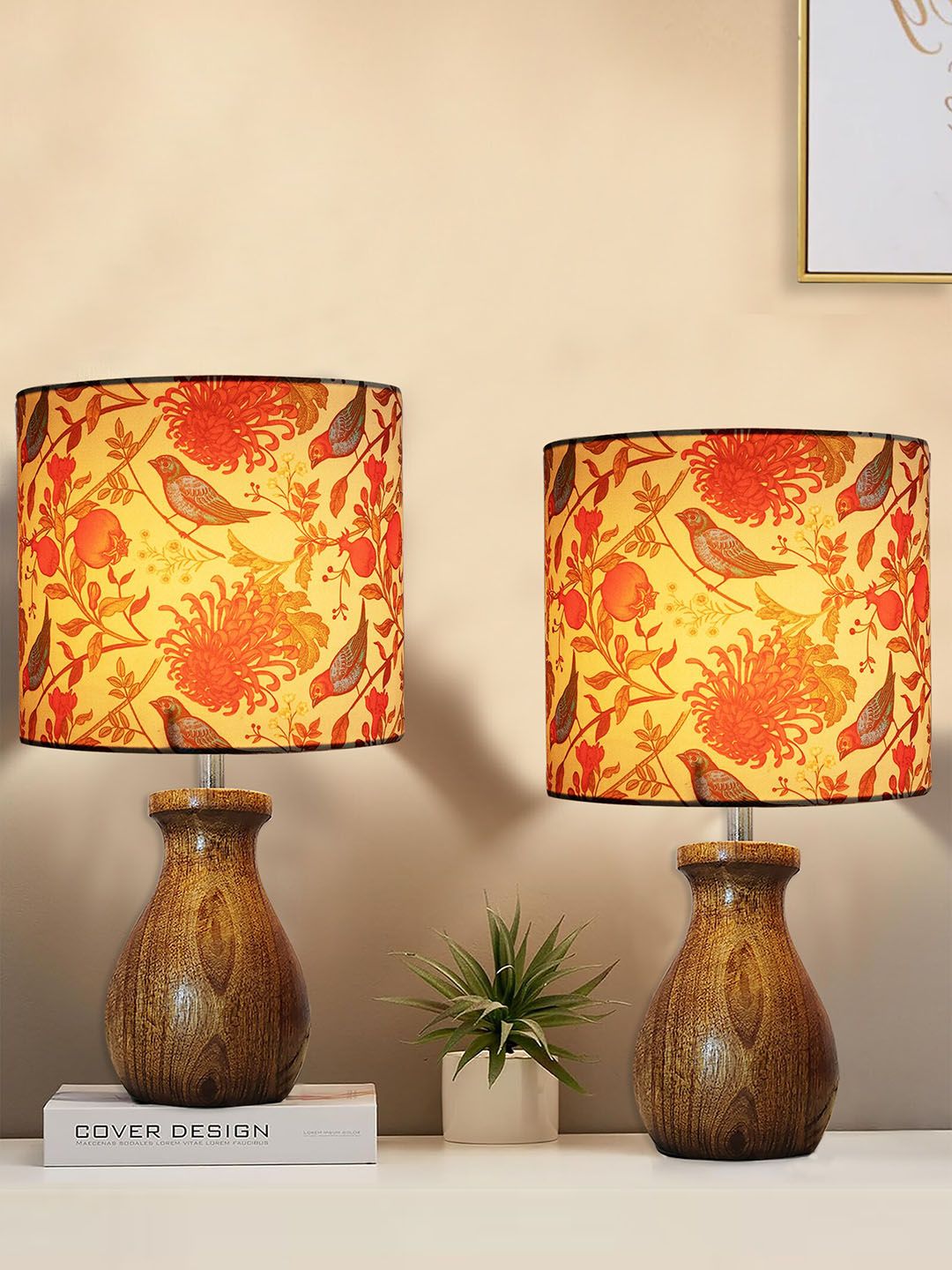 Homesake Brown & Red Printed Cylinder Wooden Table Lamp-picture-38