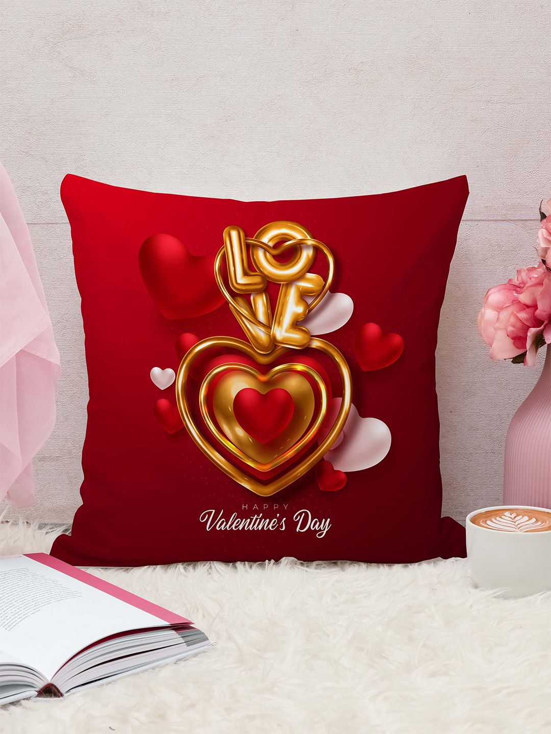 STITCHNEST Red & Gold-Toned Abstract Printed Jute Cotton Square Cushion Cover-image-19