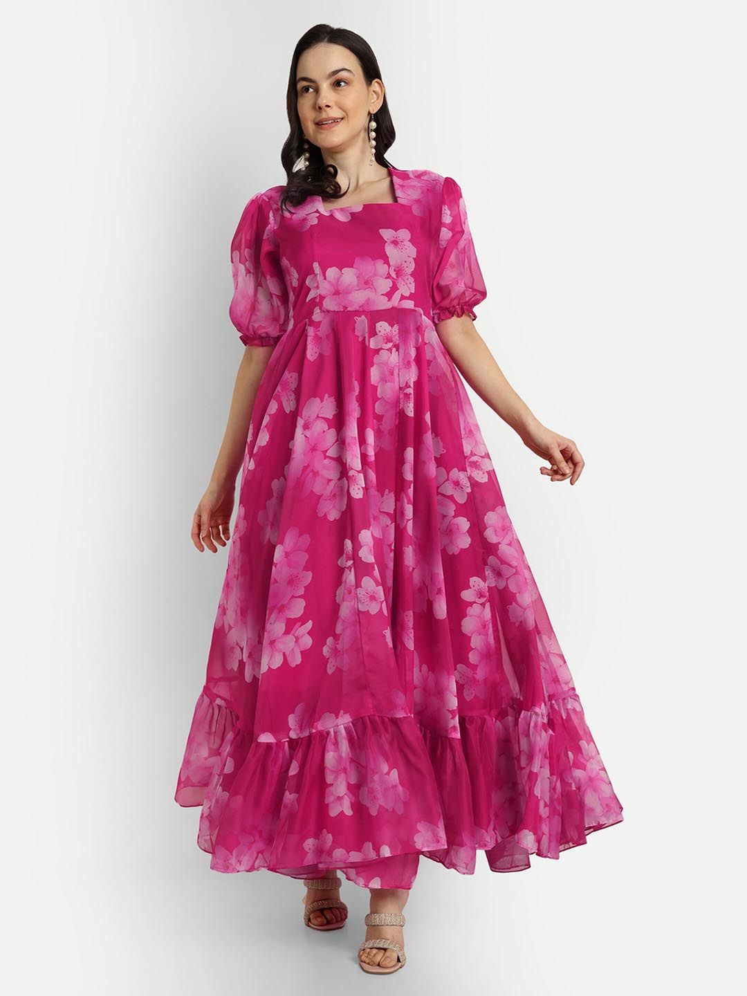 SHINISHA Floral Printed Puff Sleeve Square Neck Gathered Maxi Dress