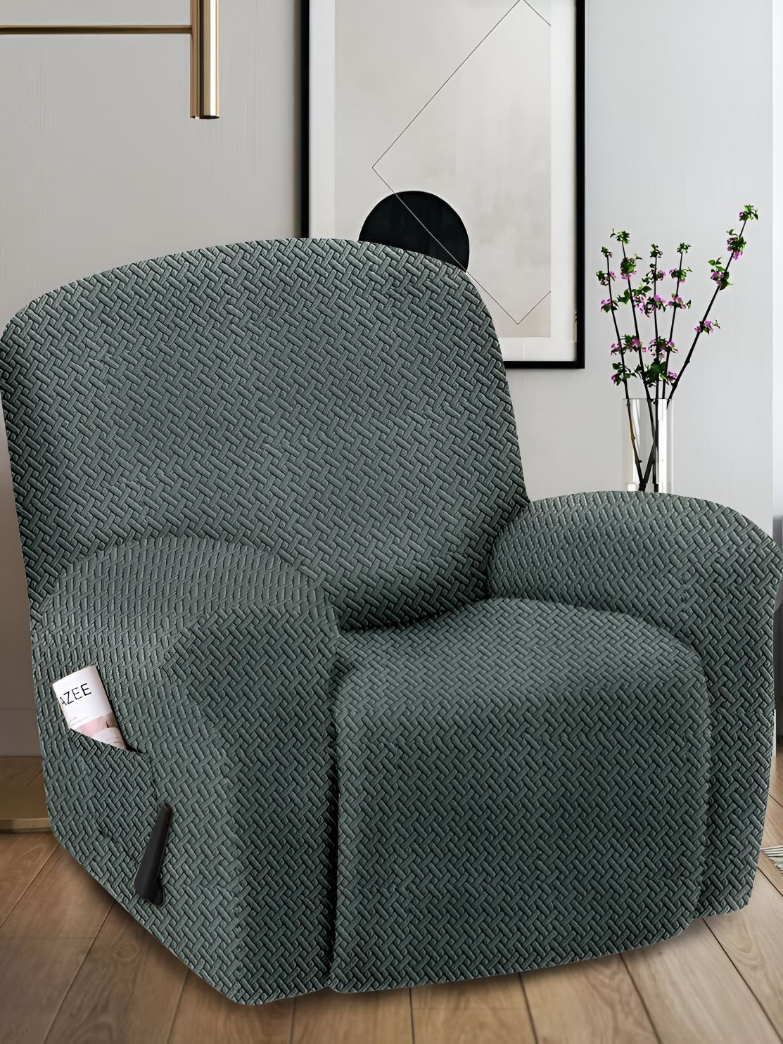 Cortina Grey Solid Jacquard Stretchable One Seater Recliner Cover-picture-22