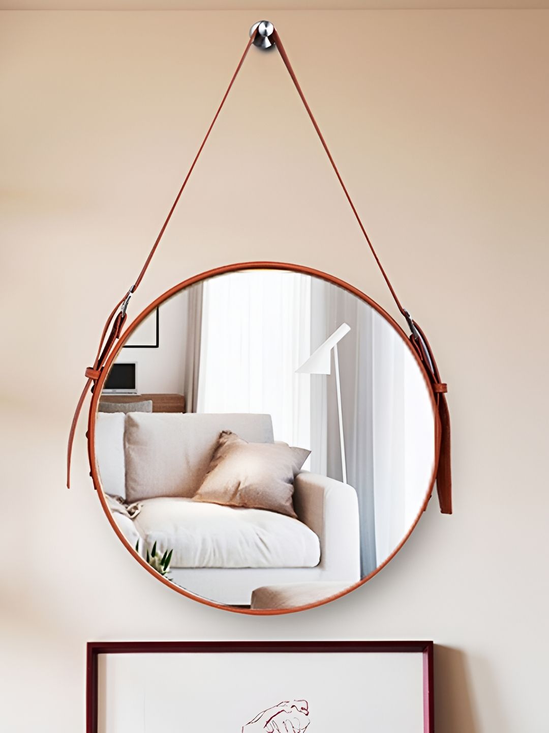 CasaGold Tan Decorative Leather Round Mirror With Belt-picture-27