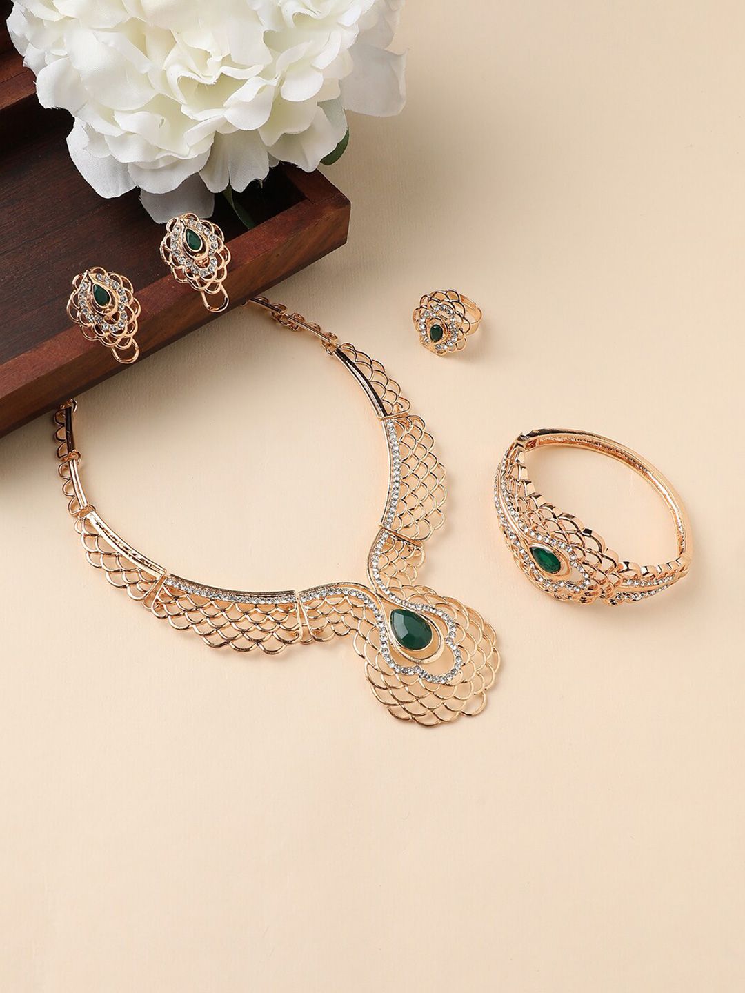 Anouk Green Stone-Studded Gold-Plated  Necklace & Earrings-image-5