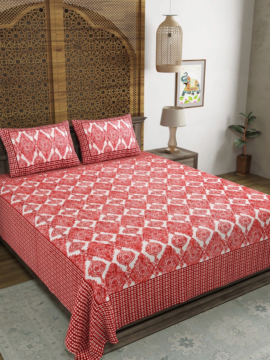 Sangria Pink Printed 210 TC Cotton Bedsheets With 2 Pillow Covers-image-10
