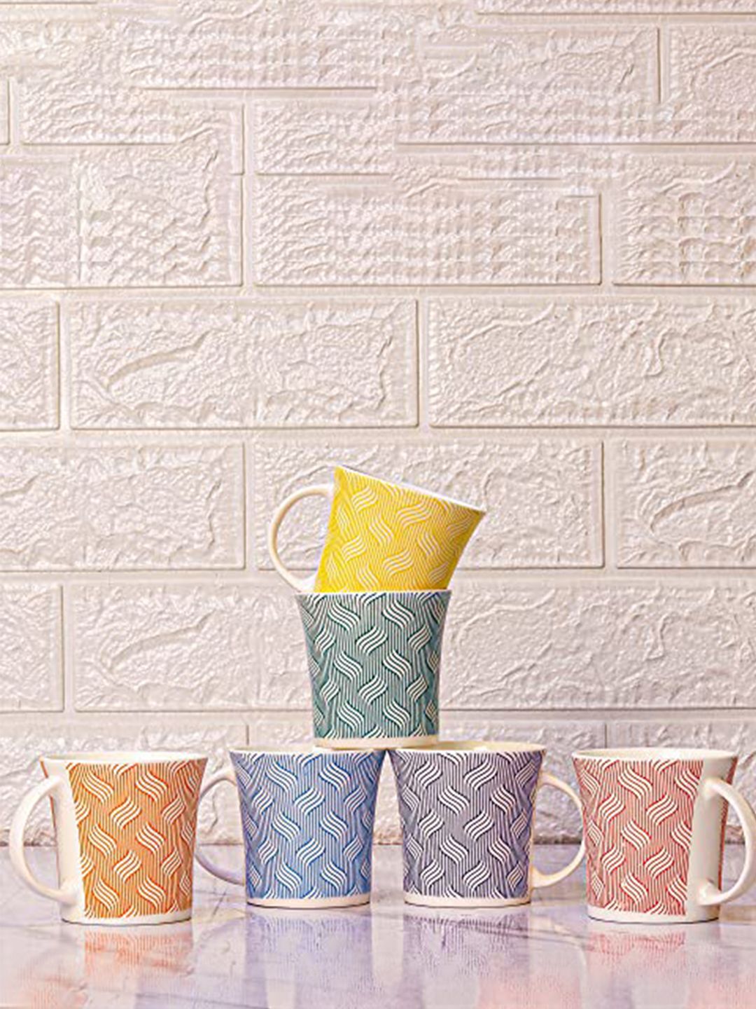 femora yellow & blue 6 pieces printed ceramic glossy cups and mugs