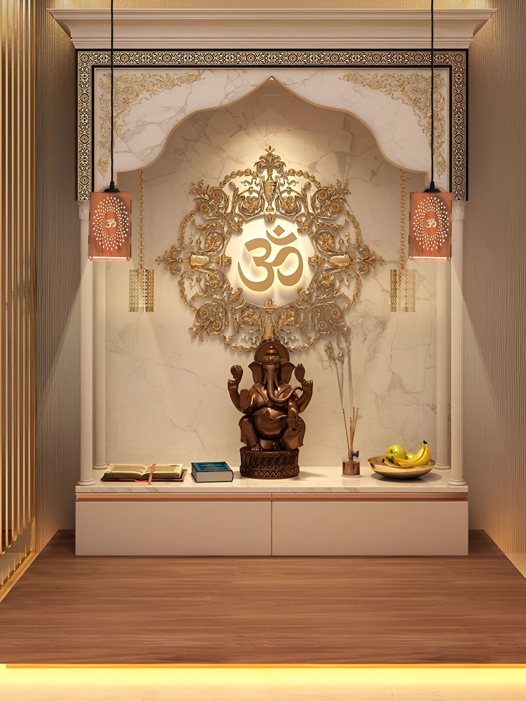 Gojeeva Brown and White Aum Symbol Wooden 10 Watts Rectangular Traditional Ceiling Lamp-picture-46