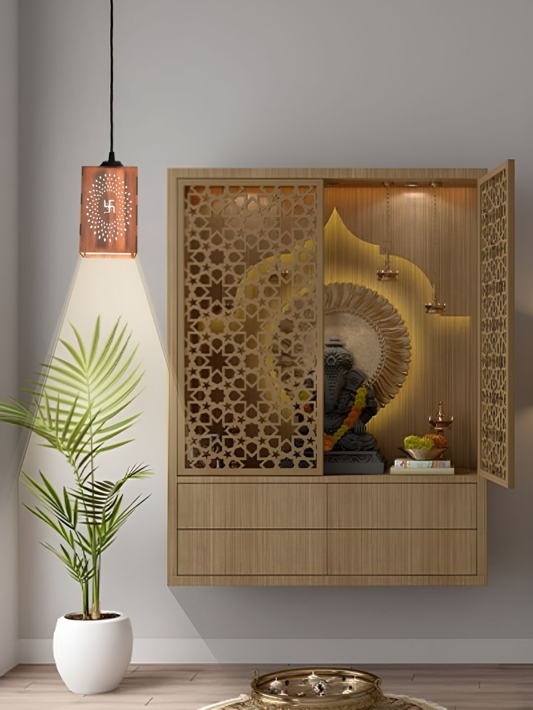 Gojeeva Brown & White 4 Pcs Swastik Wooden 10 Watts Traditional Rectangular Ceiling Lamps-image-21