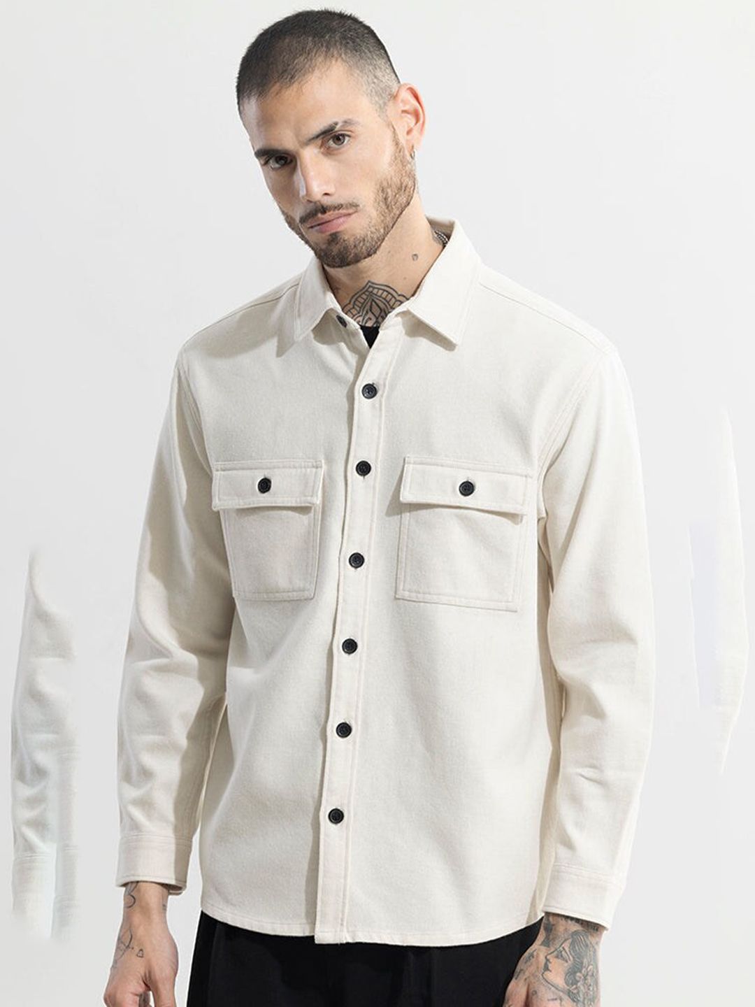 Snitch White Chest Pocket Classic Tailored Fit Cotton Opaque Casual Shirt-image-3