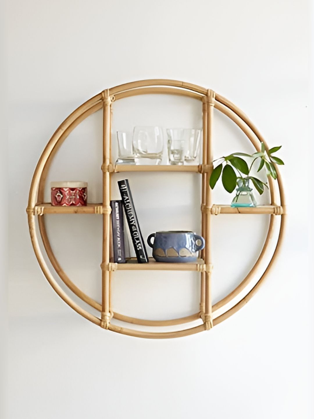 akway Beige Textured Floating Bamboo Round Wall Shelves-image-20