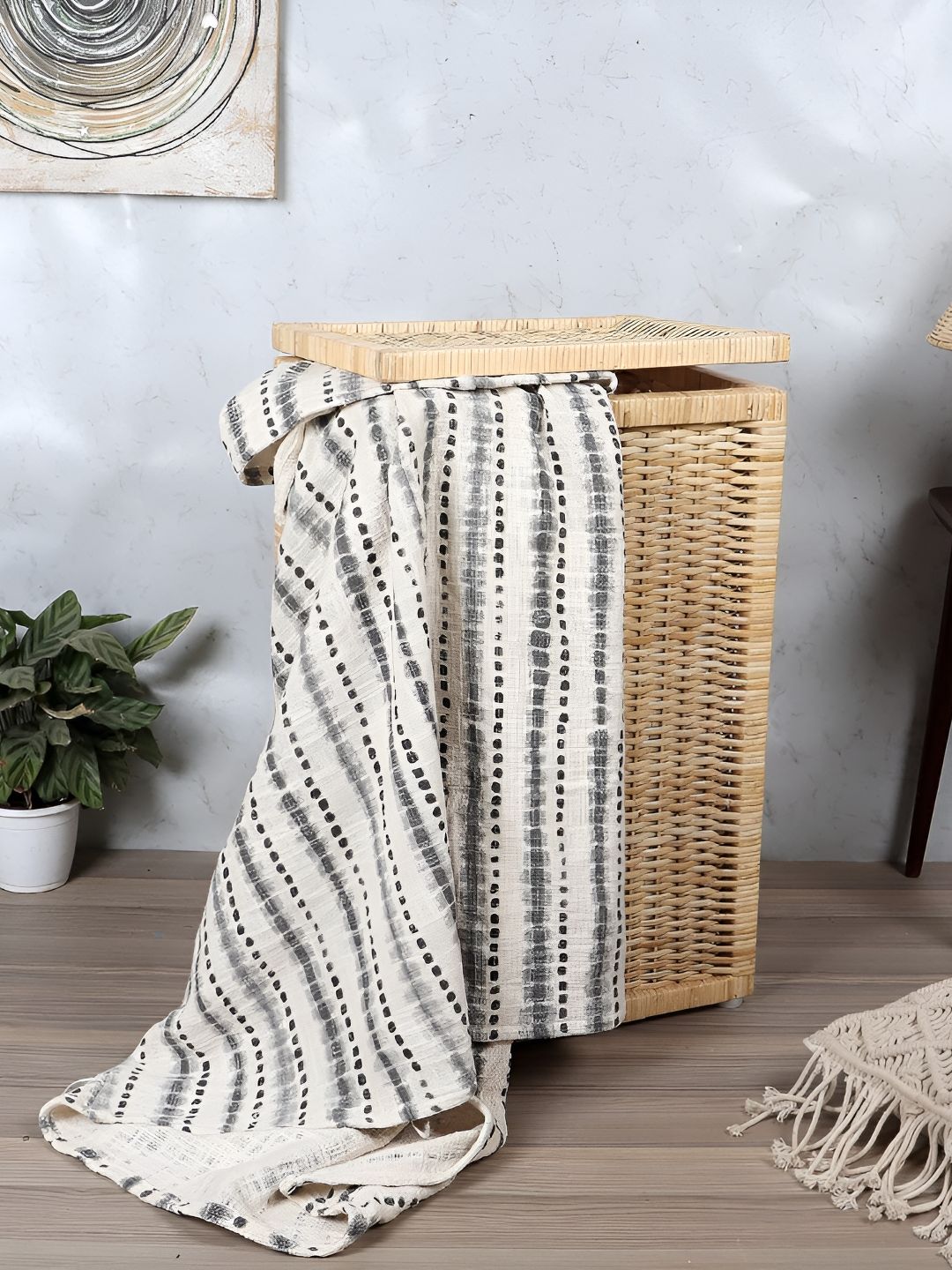 akway Beige Textured Bamboo Cane Storage Basket With Lids-picture-53