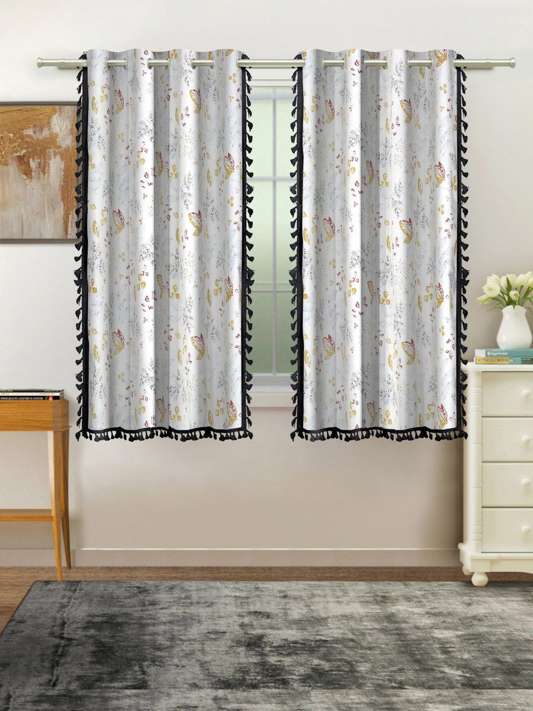 Cortina White & Grey 2 Pcs Floral Room Darkening Cotton Window Curtains-picture-37