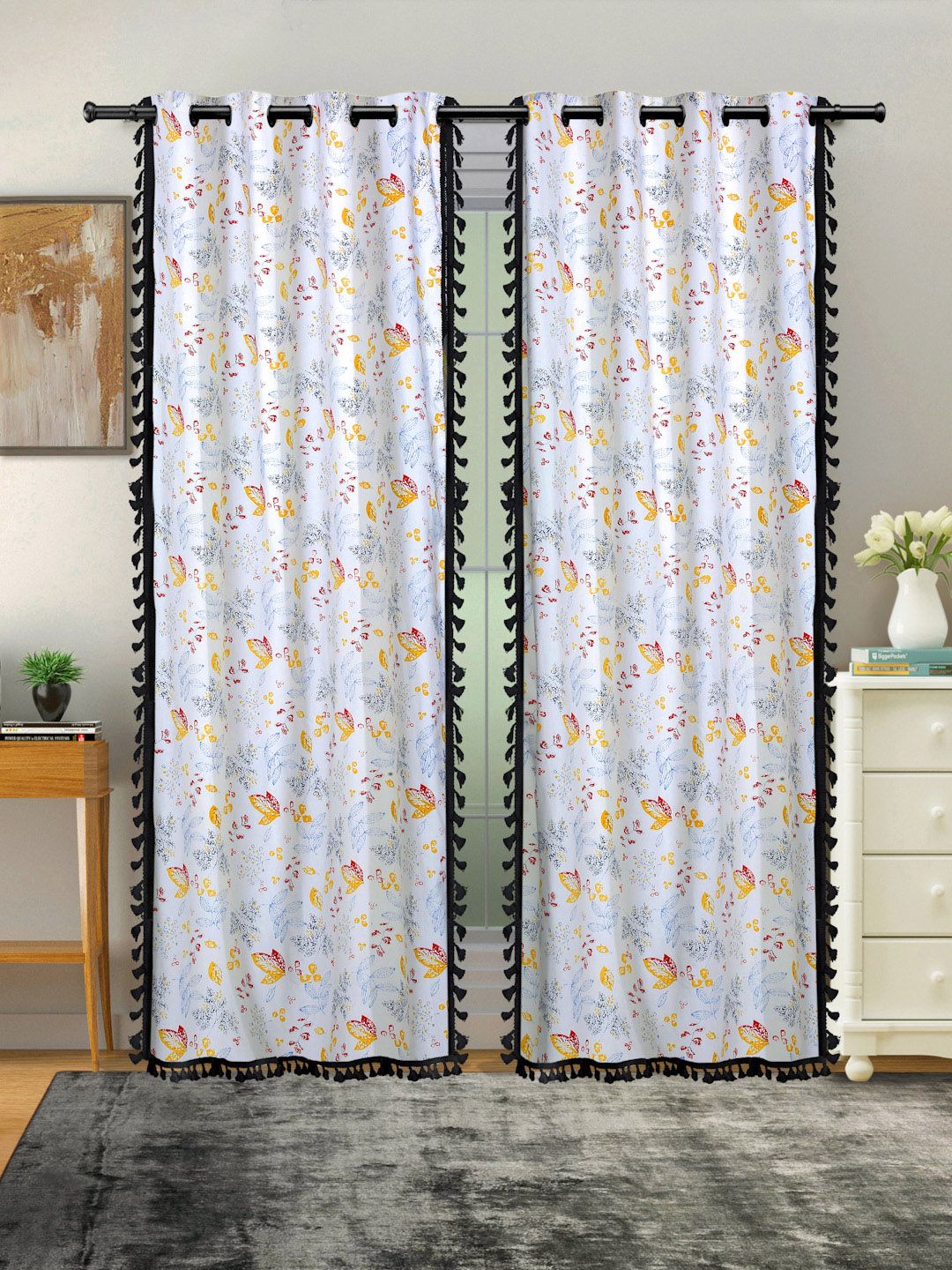 Cortina White & Grey 2 Pcs Floral Room Darkening Cotton Long Door Curtains-picture-34