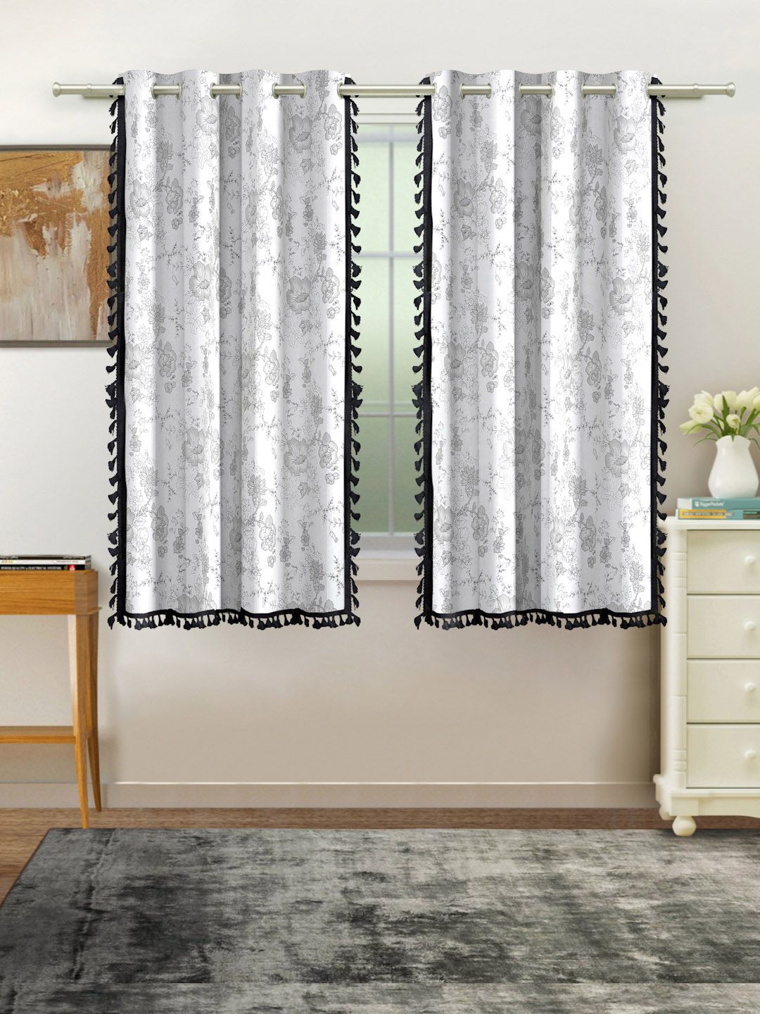 Cortina White & Grey 2 Pcs Floral Room Darkening Cotton Window Curtains-picture-35