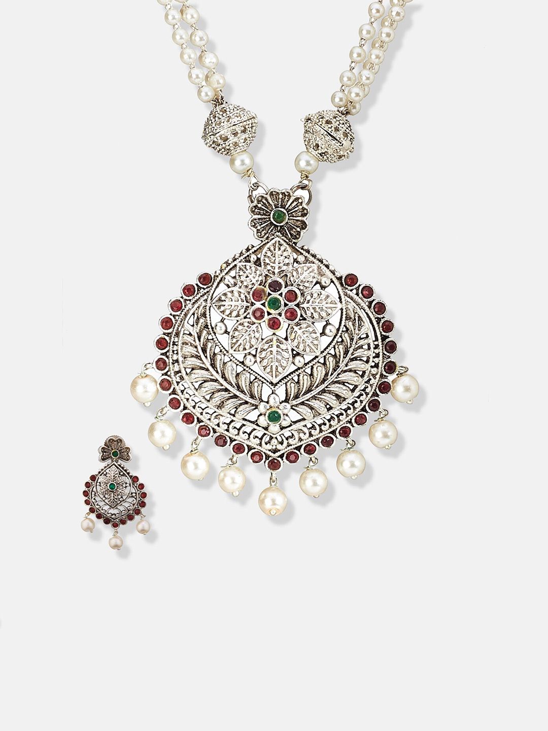 ATIBELLE German Silver Plated Stones & Studded & Beaded Jewellery Set