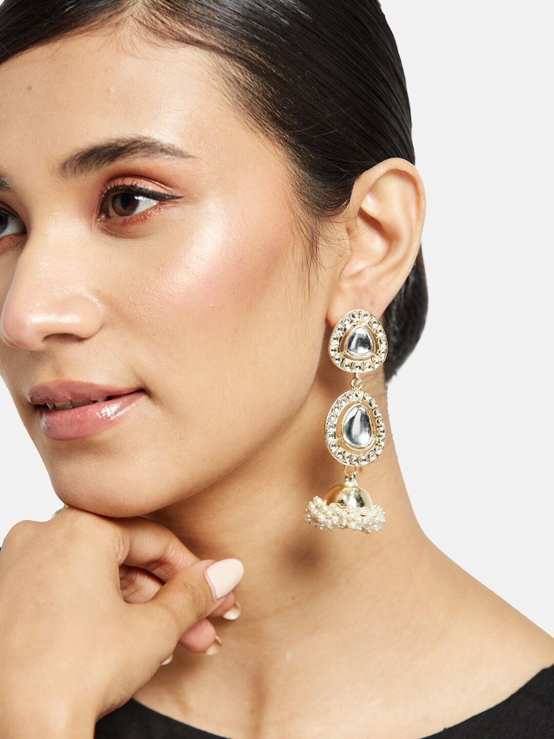 ATIBELLE Gold-Plated Kundan Stone Studded Layered Jhumkas