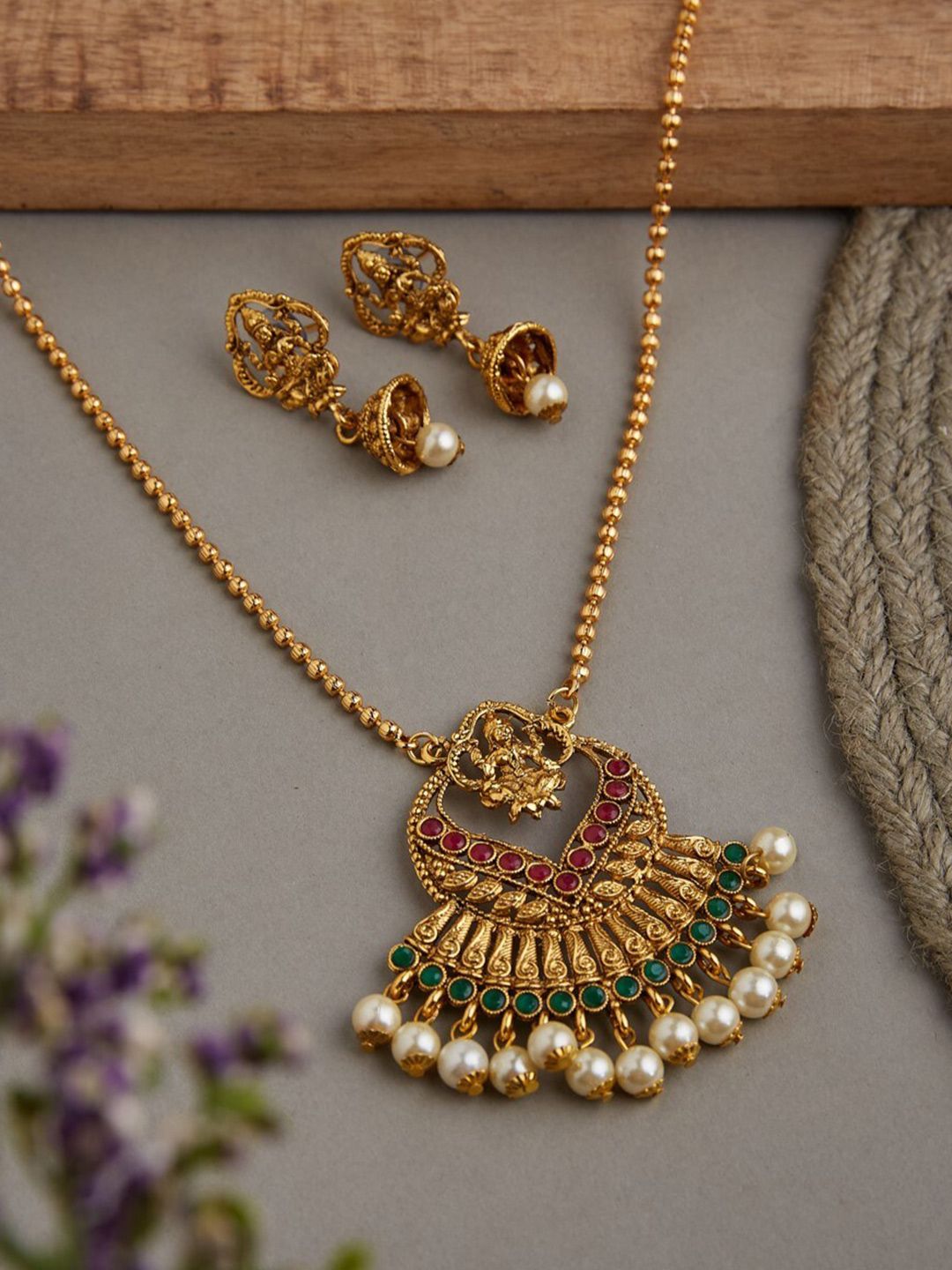 ATIBELLE Gold Plated Stones Studded & Beaded Jewellery Set
