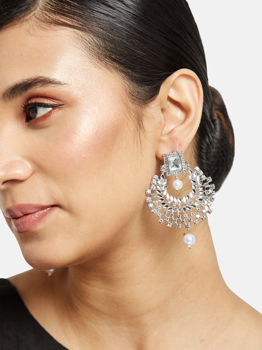 ATIBELLE Silver-Plated Kundan Stone Studded Chandbalis