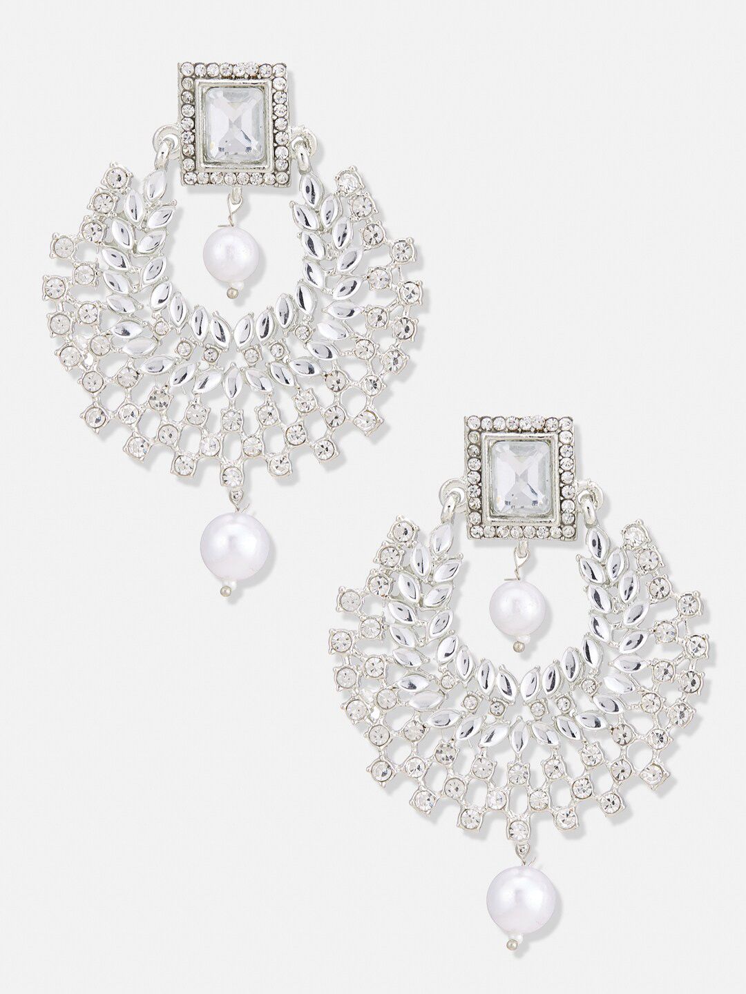 ATIBELLE Silver-Plated Kundan Stone Studded Chandbalis