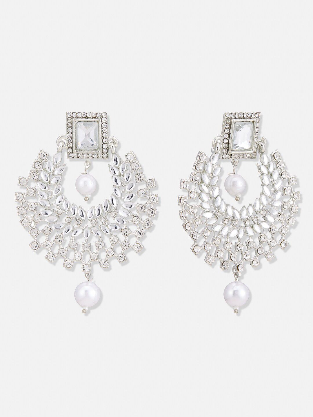 ATIBELLE Silver-Plated Kundan Stone Studded Chandbalis