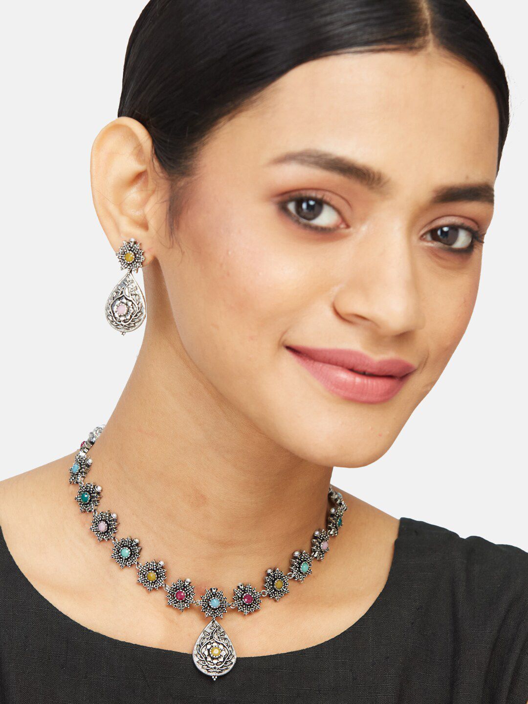 ATIBELLE German Silver Plated Stones & Studded & Beaded Jewellery Set