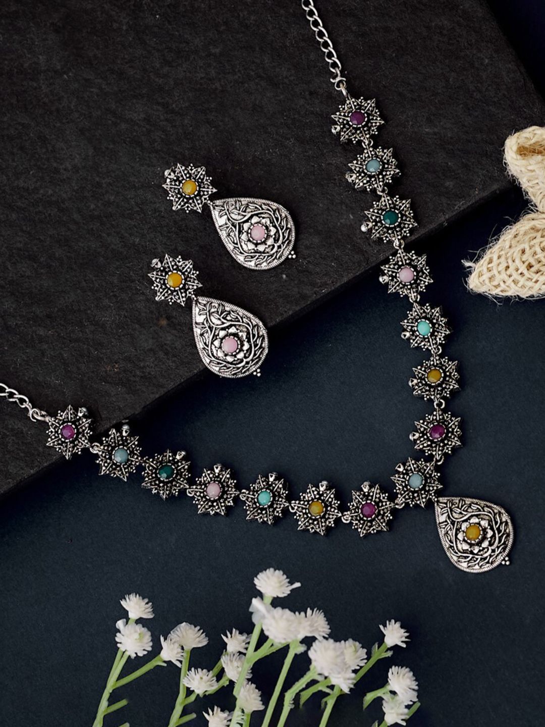 ATIBELLE German Silver Plated Stones & Studded & Beaded Jewellery Set