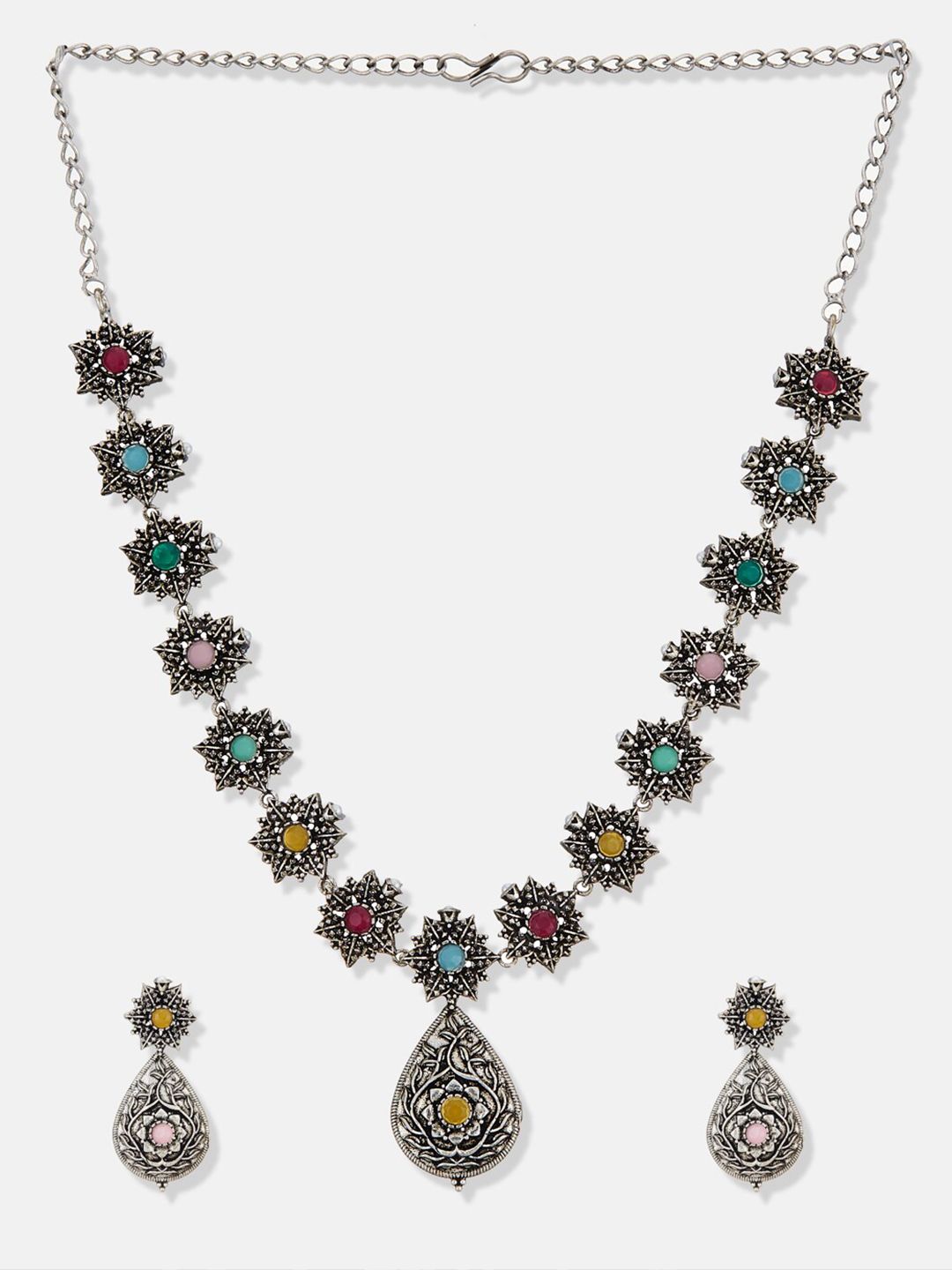ATIBELLE German Silver Plated Stones & Studded & Beaded Jewellery Set
