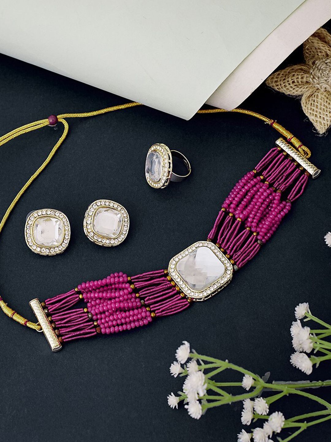 ATIBELLE Gold Plated Kundan Stone Studded & Beaded Jewellery Set