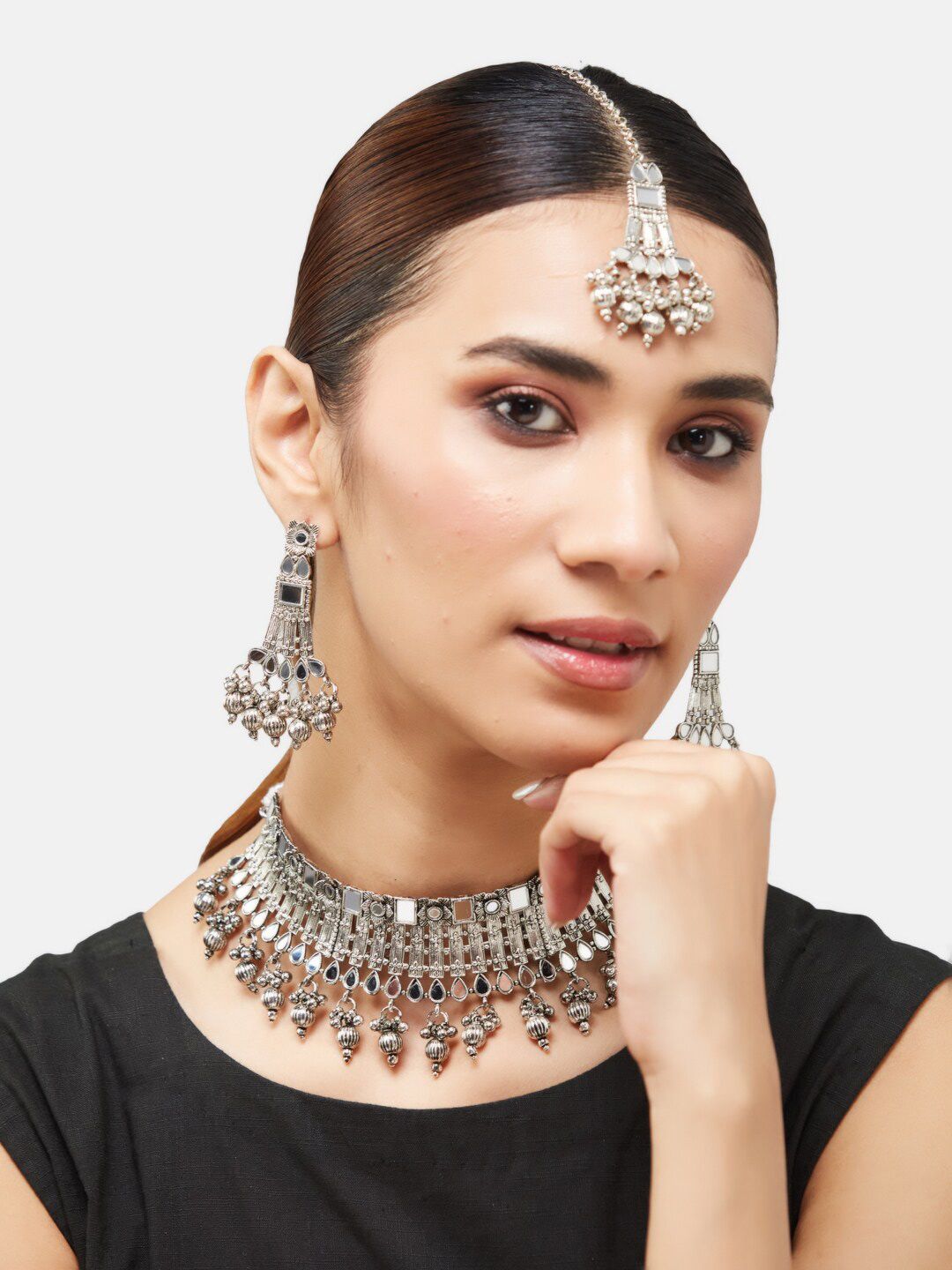 ATIBELLE German Silver-Plated Stone Studded Jewellery Set