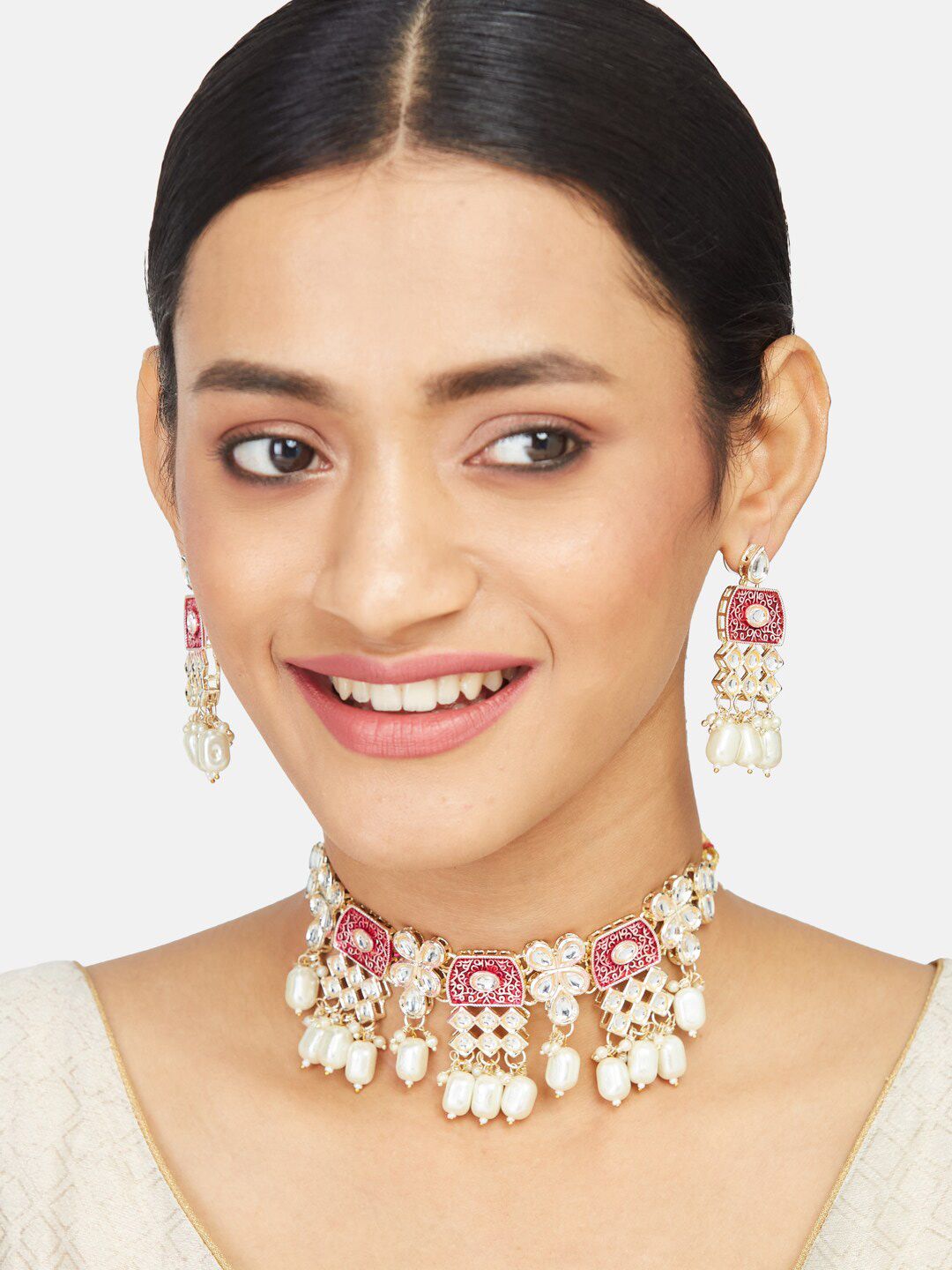 ATIBELLE Gold Plated Kundan Studded & Beaded Jewellery Set
