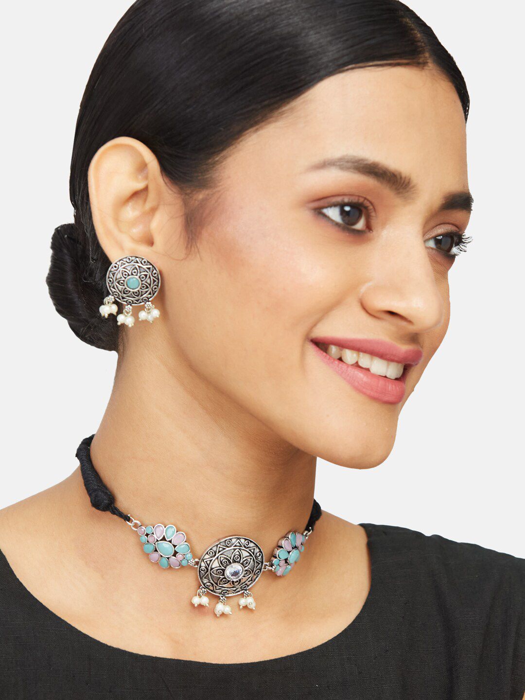 ATIBELLE German Silver-Plated Stone Studded Jewellery Set