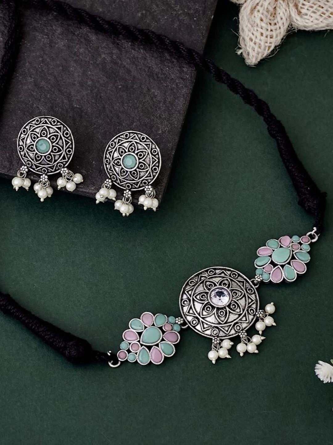 ATIBELLE German Silver-Plated Stone Studded Jewellery Set