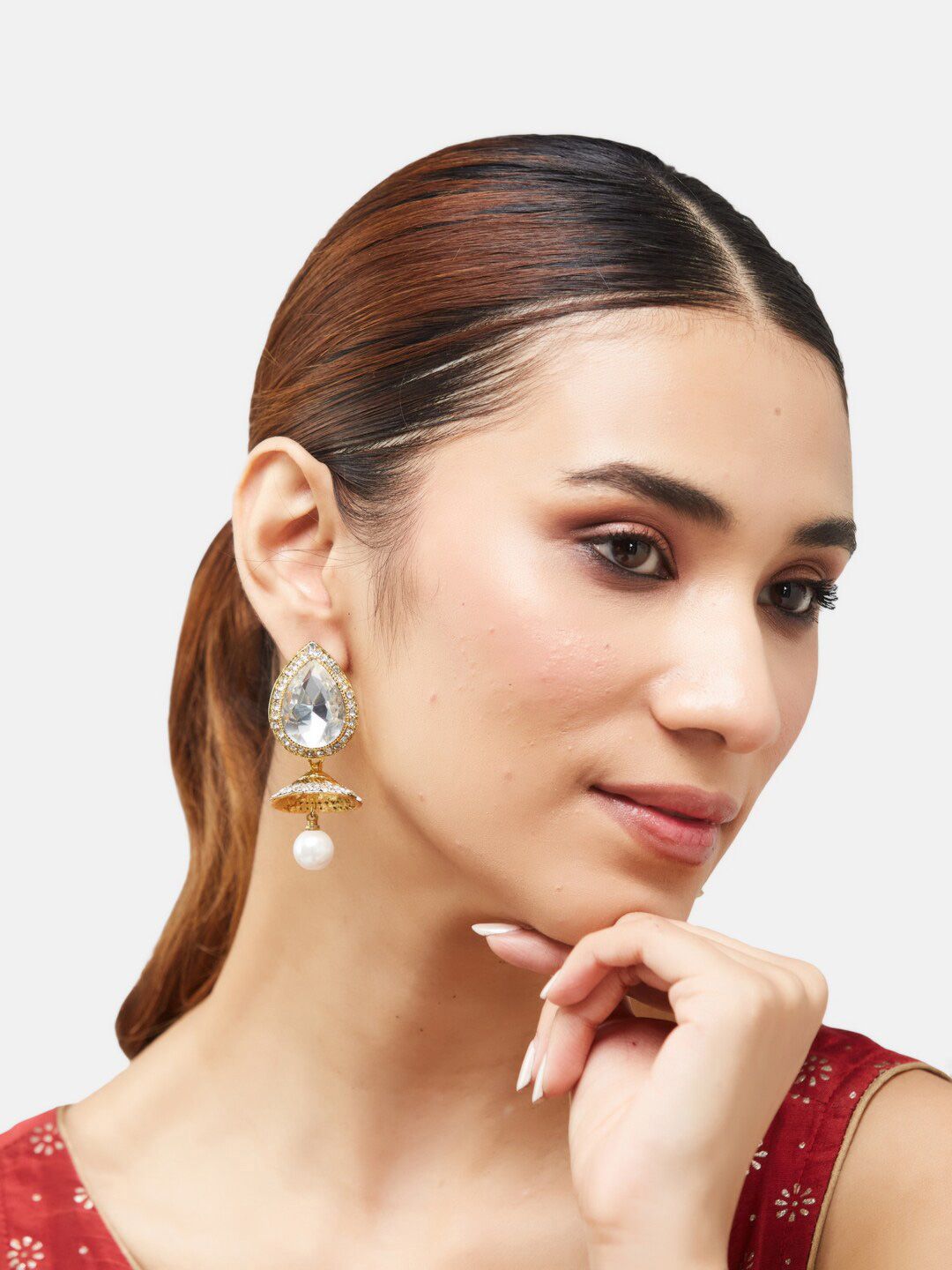 ATIBELLE Gold-Plated Stone Studded Contemporary Jhumkas